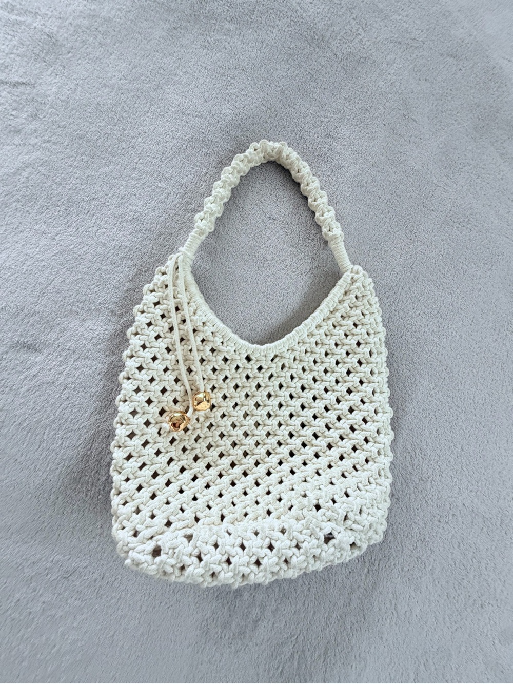 Cream Crochet Shoulder Bag with Gold Bead Accent